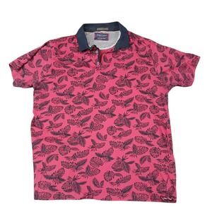 Denim & Flower Polo Shirt Mens XL Red Tropical Leaf Print Short Sleeve